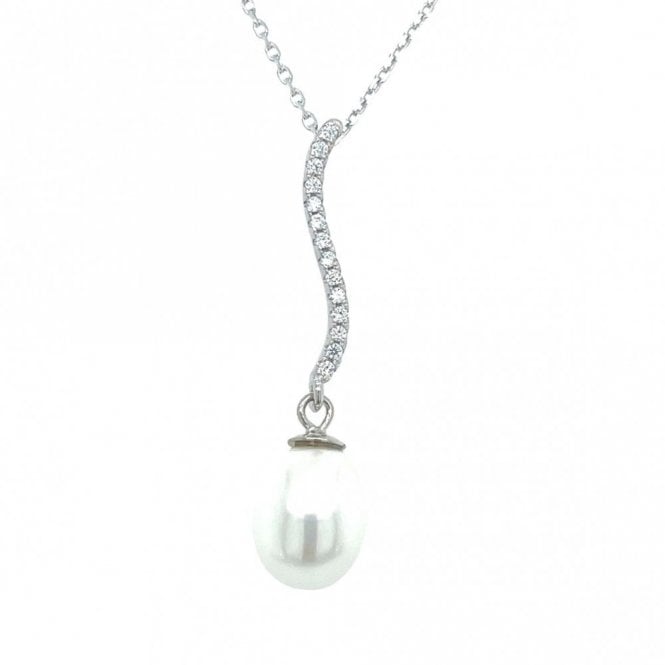 Faith Sterling Silver Sterling Silver Wavy CZ Bar & Pearl Drop Necklace 33x8mm, 16-18