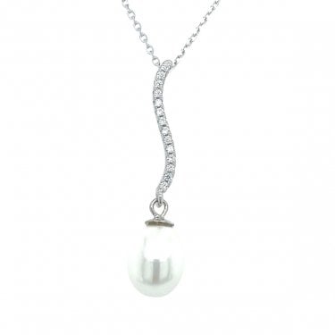 Sterling Silver Wavy CZ Bar & Pearl Drop Necklace 33x8mm, 16-18"