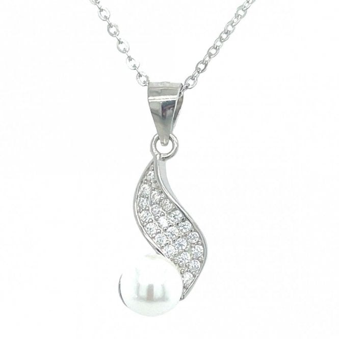 Faith Sterling Silver Sterling Silver Wavy CZ Pave Drop with Single Pearl Necklace 16x9mm, 16-18