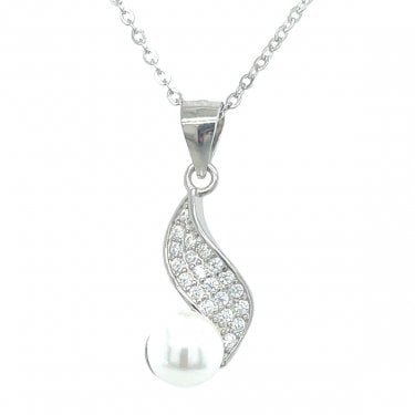 Sterling Silver Wavy CZ Pave Drop with Single Pearl Necklace 16x9mm, 16-18"