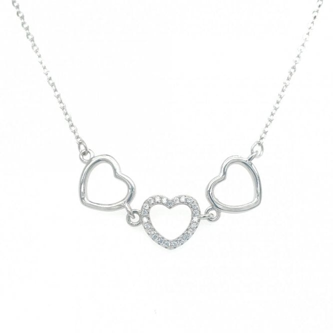 Faith Sterling Silver Sterlng Silver Fine Belcher Link CZ & 2 Plain Open Heart Necklace 39.5+5cm