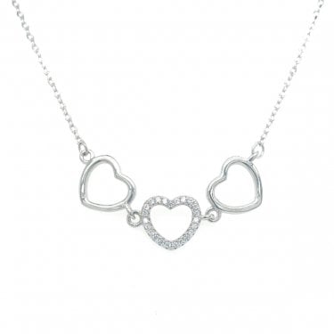 Sterlng Silver Fine Belcher Link CZ & 2 Plain Open Heart Necklace 39.5+5cm