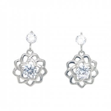 Faith Sterling Silver Stud with Open Petals CZ Centre Flower Drop Earrings 2 x 1.2cm 