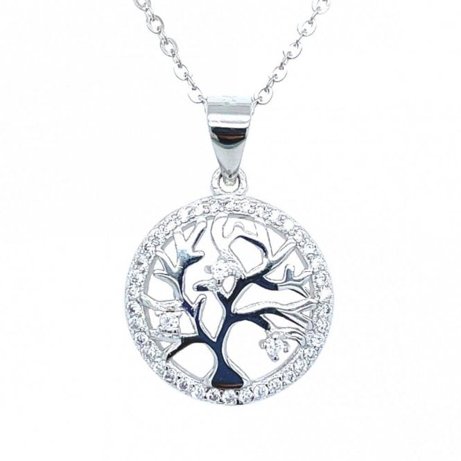 Faith Sterling Silver  Tree of Life Outline with 3 Stones & CZ Surround Necklace 1.5cm, 16-18
