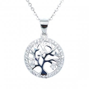 Faith Sterling Silver Tree of Life Outline with 3 Stones & CZ Surround Necklace 1.5cm, 16-18"