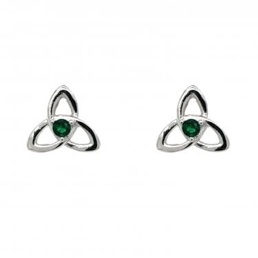 Faith Sterling Silver Trinity Knot with Green CZ Stud Earrings 1 x 1cm 