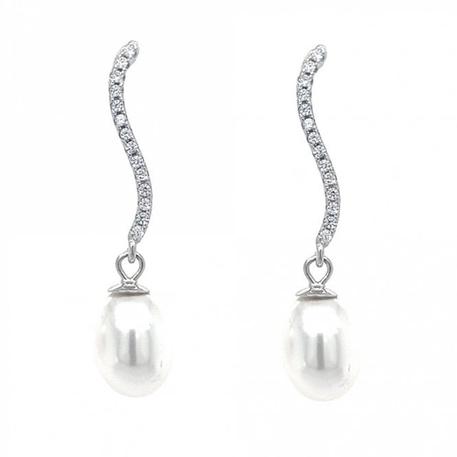 Faith Sterling Silver  Wavy CZ Bar & Pearl Drop Earrings 3.2 x 0.8cm