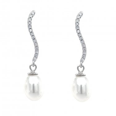 Faith Sterling Silver Wavy CZ Bar & Pearl Drop Earrings 3.2 x 0.8cm