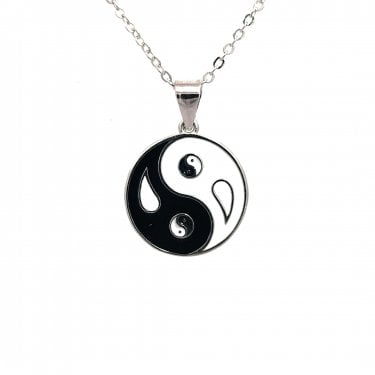 Faith Sterling Silver Yin & Yang Black & White Enamel Necklace 1.5 x 1.5cm, 16-18"