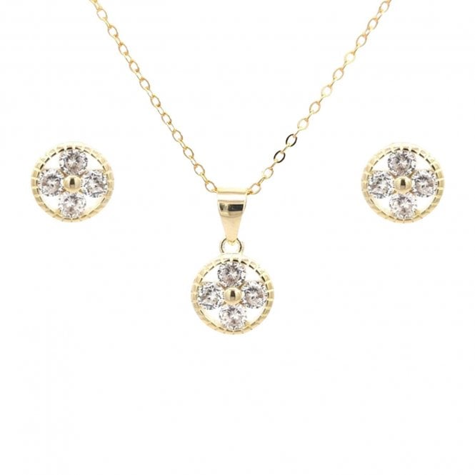 Faith Yellow Gold Sterling Silver  4 CZ Beaded Edge Circle Necklace & Earrings Set 0.8 x 0.8, 0.9 x 0.9cm, 16-18