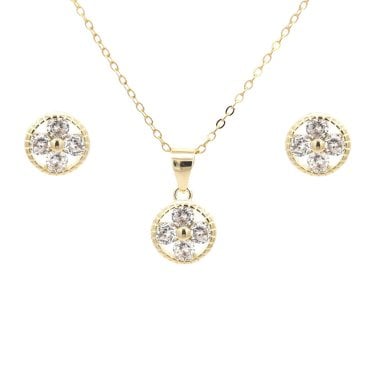 Faith Yellow Gold Sterling Silver 4 CZ Beaded Edge Circle Necklace & Earrings Set 0.8 x 0.8, 0.9 x 0.9cm, 16-18"