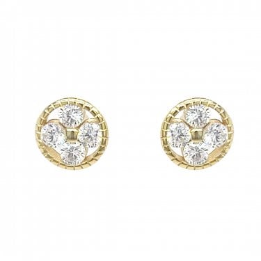 Faith Yellow Gold Sterling Silver 4 CZ Beaded Edge Circle Stud Earrings 0.9 x 0.9cm