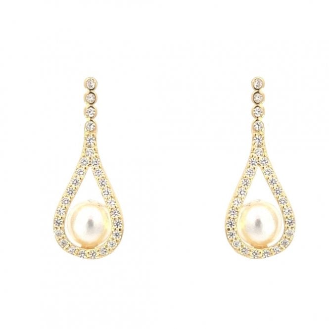Faith Yellow Gold Sterling Silver  4 CZ Rubover Drop with CZ Pear Outline & Single Pearl Drop Earrings 0.8 x 1.9cm