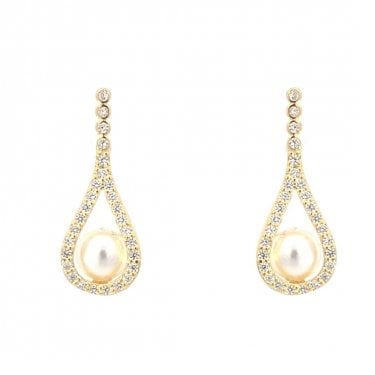 Faith Yellow Gold Sterling Silver 4 CZ Rubover Drop with CZ Pear Outline & Single Pearl Drop Earrings 0.8 x 1.9cm