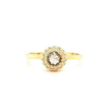 Faith Yellow Gold Sterling Silver Beaded Claw Round CZ Centre with CZ Halo Ring