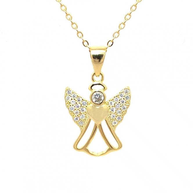 Faith Yellow Gold Sterling Silver  CZ Angel with Heart Centre Necklace 1.3 x 1.6cm, 16-18
