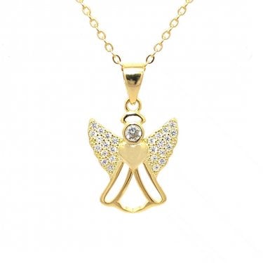Faith Yellow Gold Sterling Silver CZ Angel with Heart Centre Necklace 1.3 x 1.6cm, 16-18"