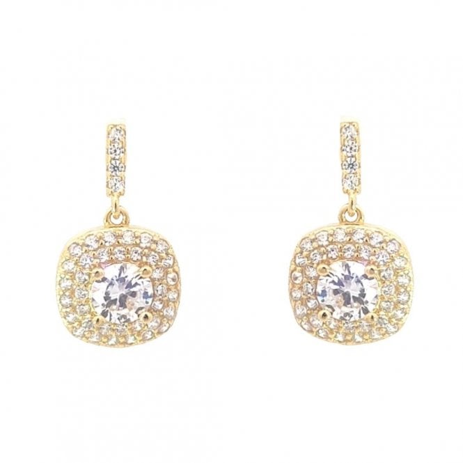 Faith Yellow Gold Sterling Silver  CZ Bar with Cushion Edge Double Halo Drop Earrings 1 x 1.8cm