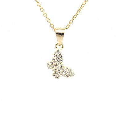 Faith Yellow Gold Sterling Silver CZ Butterfly Necklace 0.7 x 1cm, 16-18"