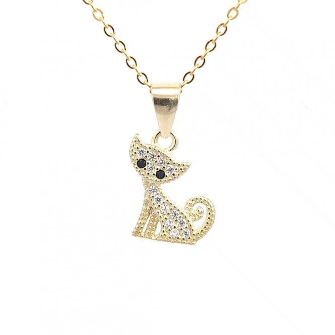 Faith Yellow Gold Sterling Silver  CZ Cat with Black CZ Eyes Necklace 1.1 x 1.2cm, 16-18