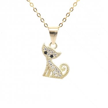 Faith Yellow Gold Sterling Silver CZ Cat with Black CZ Eyes Necklace 1.1 x 1.2cm, 16-18"