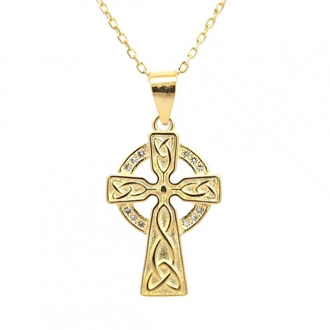 Faith Yellow Gold Sterling Silver  CZ Celtic Cross Necklace 1.4 x 2cm, 16-18