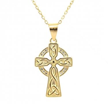 Faith Yellow Gold Sterling Silver CZ Celtic Cross Necklace 1.4 x 2cm, 16-18"