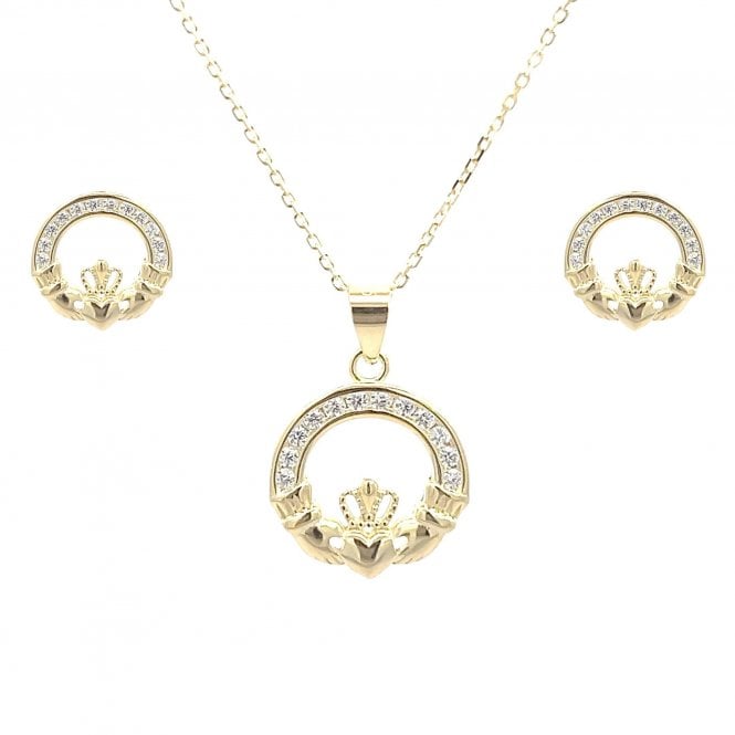 Faith Yellow Gold Sterling Silver  CZ Claddagh Necklace & Earrings Set 0.9 x 0.9cm, 1.5 x 1.6cm, 16-18