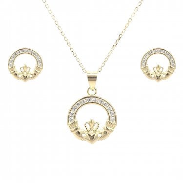 Faith Yellow Gold Sterling Silver CZ Claddagh Necklace & Earrings Set 0.9 x 0.9cm, 1.5 x 1.6cm, 16-18"