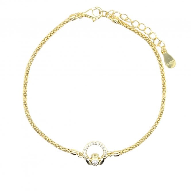 Faith Yellow Gold Sterling Silver  CZ Claddagh Rope Chain Bracelet 0.9 x 1cm, 16cm + 3cm