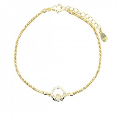 Faith Yellow Gold Sterling Silver CZ Claddagh Rope Chain Bracelet 0.9 x 1cm, 16cm + 3cm