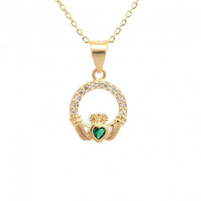 Faith Yellow Gold Sterling Silver  CZ Claddagh with Green CZ Centre Necklace 1.1 x 1.2cm, 16-18