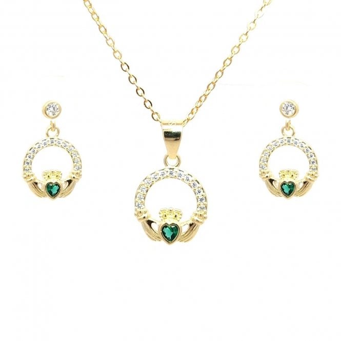 Faith Yellow Gold Sterling Silver  CZ Claddagh with Green CZ Centre Necklace & Drop Earrings Set 0.9 x 1.4cm, 1.2 x 1.2cm, 16-18