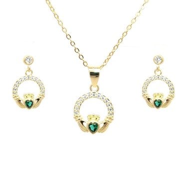 Faith Yellow Gold Sterling Silver CZ Claddagh with Green CZ Centre Necklace & Drop Earrings Set 0.9 x 1.4cm, 1.2 x 1.2cm, 16-18"