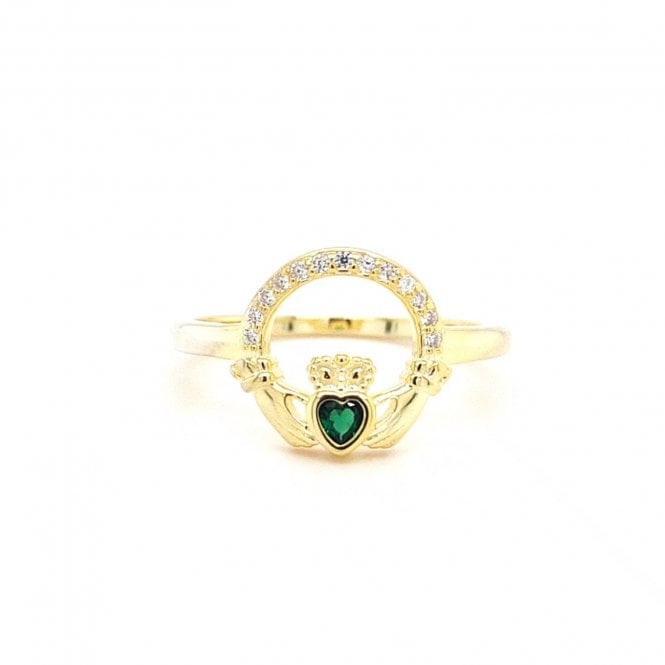 Faith Yellow Gold Sterling Silver  CZ Claddagh with Green CZ Centre Ring
