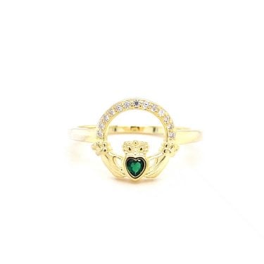 Faith Yellow Gold Sterling Silver CZ Claddagh with Green CZ Centre Ring