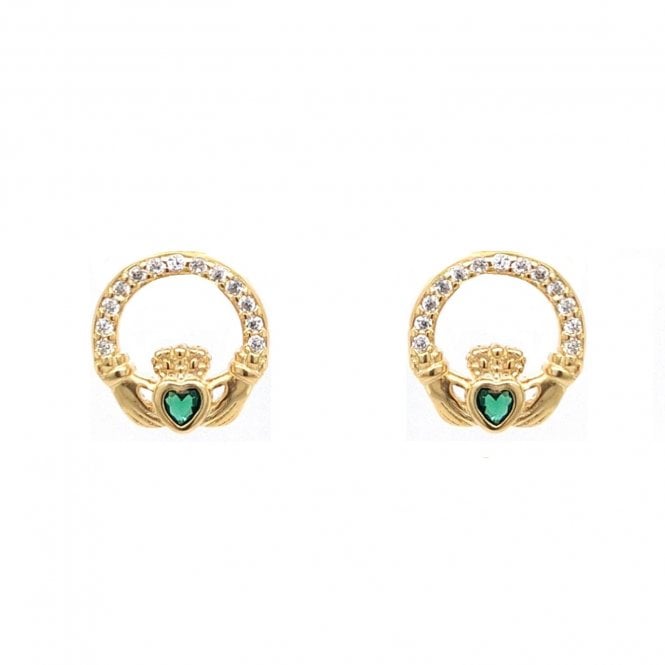 Faith Yellow Gold Sterling Silver  CZ Claddagh with Green CZ Centre Stud Earrings 0.9 x 1cm