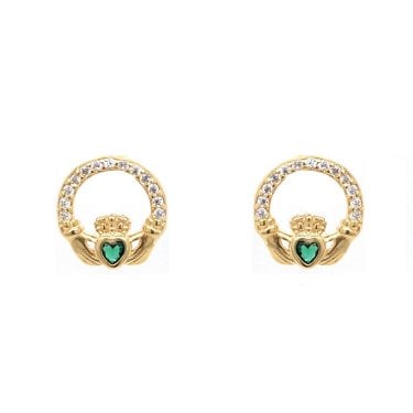 Faith Yellow Gold Sterling Silver CZ Claddagh with Green CZ Centre Stud Earrings 0.9 x 1cm