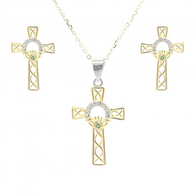 Faith Yellow Gold Sterling Silver  CZ Claddagh with Green CZ Centre within Celtic Cross Necklace & Earrings Set 1 x 1.6cm, 1.4 x 2.2cm, 16-18