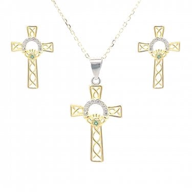 Faith Yellow Gold Sterling Silver CZ Claddagh with Green CZ Centre within Celtic Cross Necklace & Earrings Set 1 x 1.6cm, 1.4 x 2.2cm, 16-18"