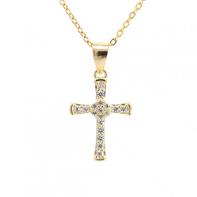 Faith Yellow Gold Sterling Silver  CZ Cluster Centre with Plain Edging Cross Necklace 1.2 x 1.6cm, 16-18