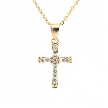 Faith Yellow Gold Sterling Silver CZ Cluster Centre with Plain Edging Cross Necklace 1.2 x 1.6cm, 16-18"