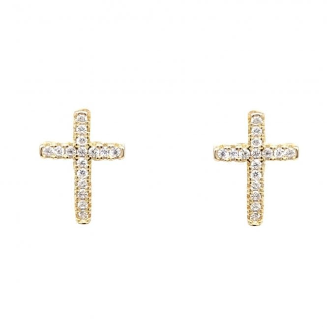 Faith Yellow Gold Sterling Silver  CZ Cross Stud Earrings 0.8 x 1.1cm