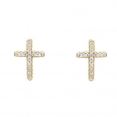 Faith Yellow Gold Sterling Silver CZ Cross Stud Earrings 0.8 x 1.1cm