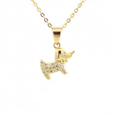 Faith Yellow Gold Sterling Silver CZ Dog with Bowtie Necklace 1.3 x 1cm, 16-18"