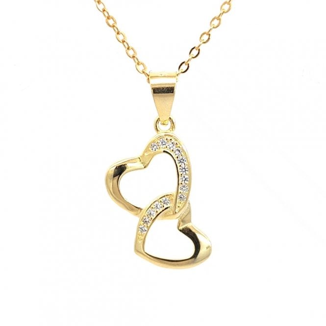 Faith Yellow Gold Sterling Silver  CZ Double Heart Hanging Necklace 1 x 1.6cm, 16-18
