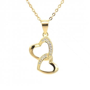 Faith Yellow Gold Sterling Silver CZ Double Heart Hanging Necklace 1 x 1.6cm, 16-18"