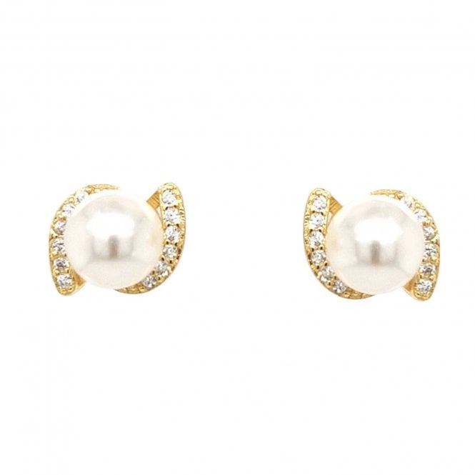 Faith Yellow Gold Sterling Silver  CZ Fancy Pearl Stud Earrings 0.8 x 1cm 