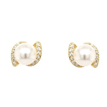 Faith Yellow Gold Sterling Silver CZ Fancy Pearl Stud Earrings 0.8 x 1cm 