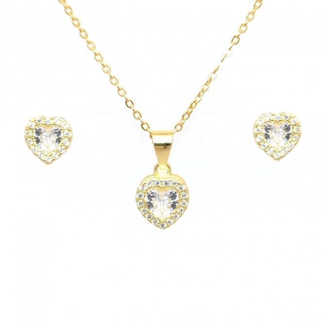 Faith Yellow Gold Sterling Silver  CZ Heart Halo Necklace & Earrings Set 0.7 x 0.7, 0.8 x 0.8cm, 16-18
